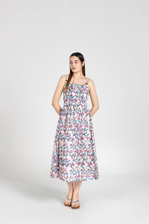 White Multi Ruched Beaded Midi Dress