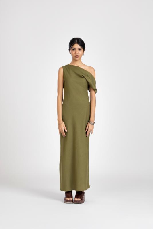 Olive One Shoulder Linen Dress