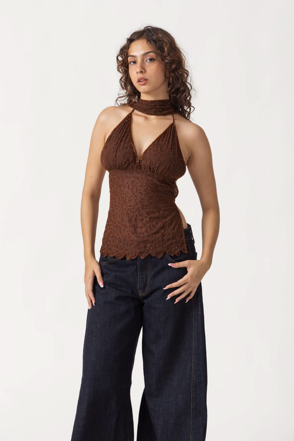 Brown Sequin Top Backless