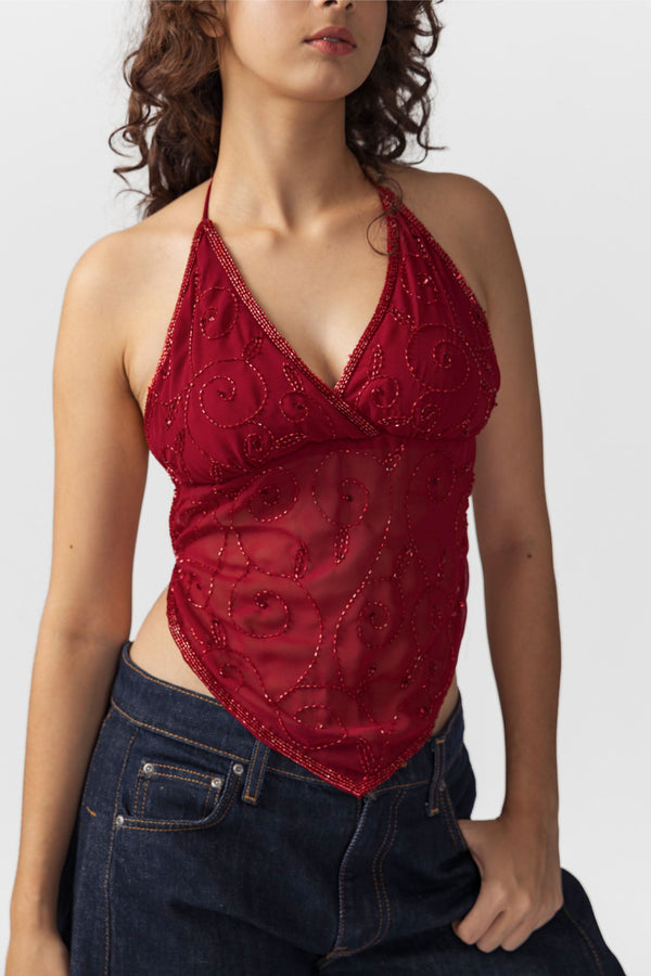 Red Sequin Top V Hem