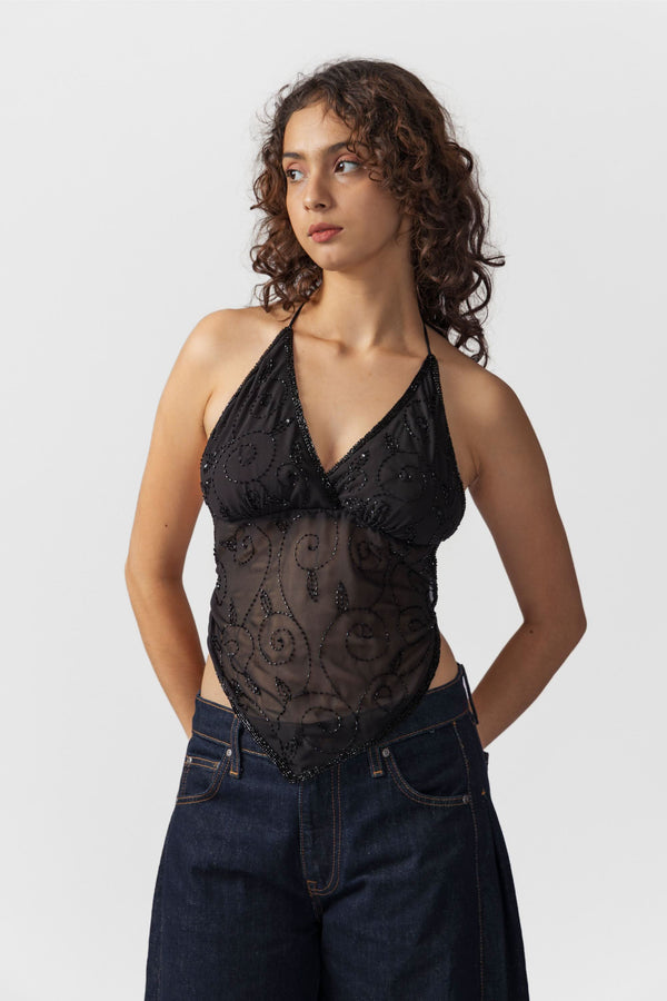 Black Sequin Top V Hem
