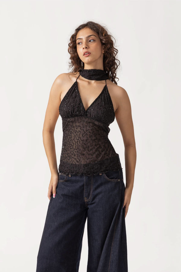 Black Sequin Top Backless