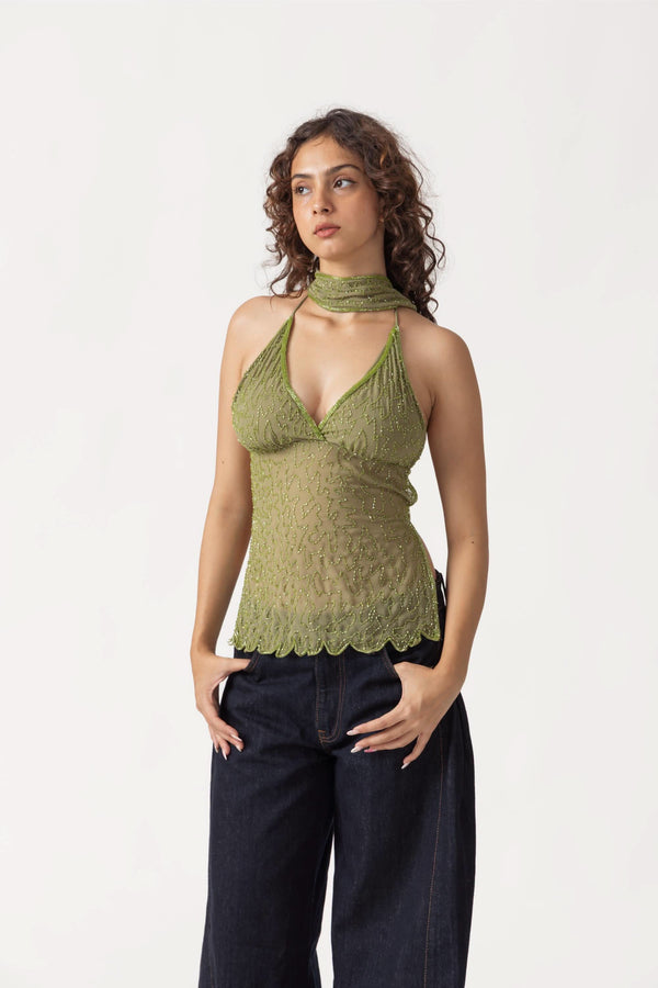 Green Sequin Top Backless