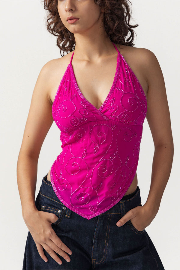 Pink Sequin Top V Hem
