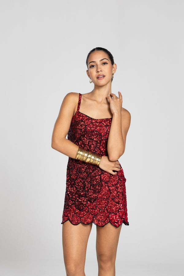 MAROON INDIAN FLOWER SEQUIN DRESS