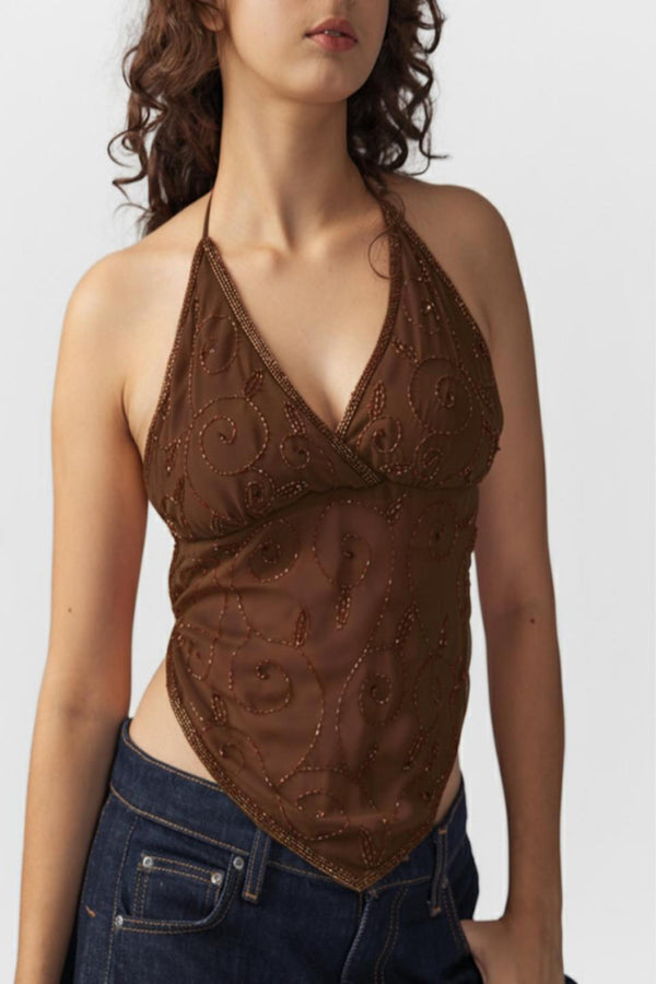 Brown Sequin Top V Hem